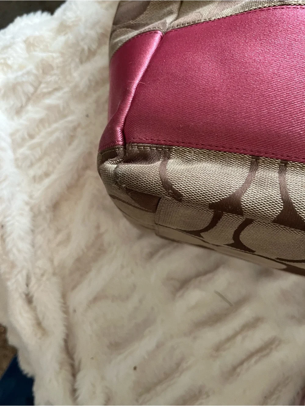 Coach Signature Stripe Baby Bag w/ Hot Pink Patient Leather Trim - EUC